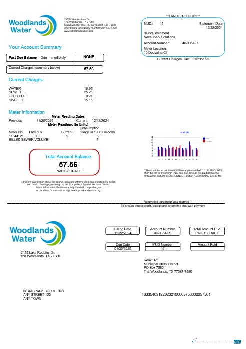 Download USA Woodlands water business utility bill Word and PDF template Photoshop template